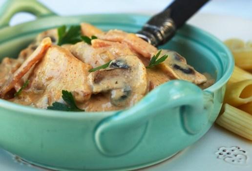 Chicken Stroganoff in a casserole dish