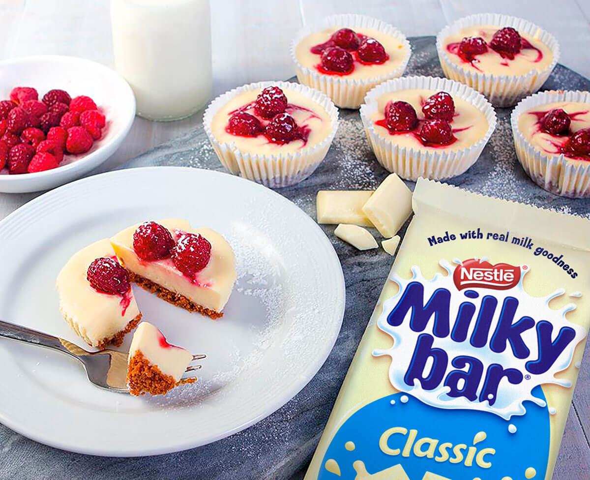Mini Milkybar and Raspberry Cheesecakes
