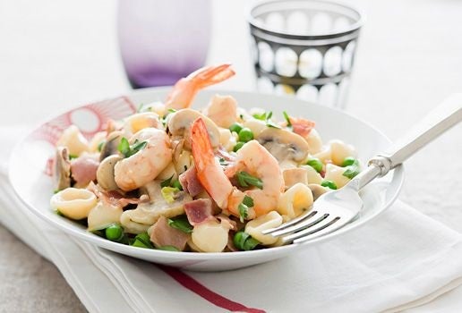 Pea Orecchiette with Prawns and Pancetta