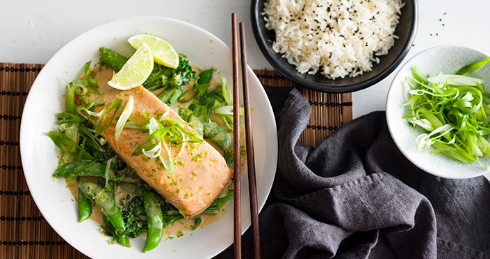 Coconut Poached Salmon with Asian Greens