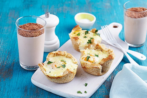 Egg and Baked Bean Bread Cups with MILO and milk