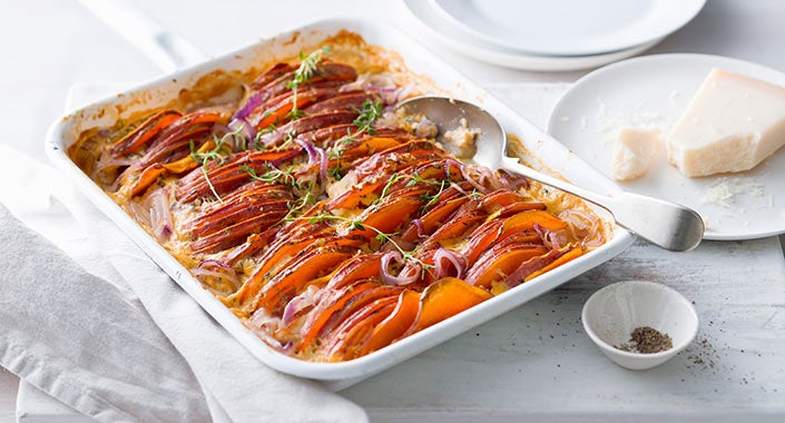 Hasselback Sweet Potato Gratin
