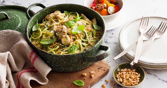Creamy Pesto Chicken Spaghetti and Zuchetti