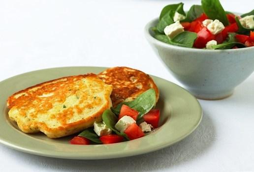 Herb Pancakes with Tomato, Feta and Spinach Topping