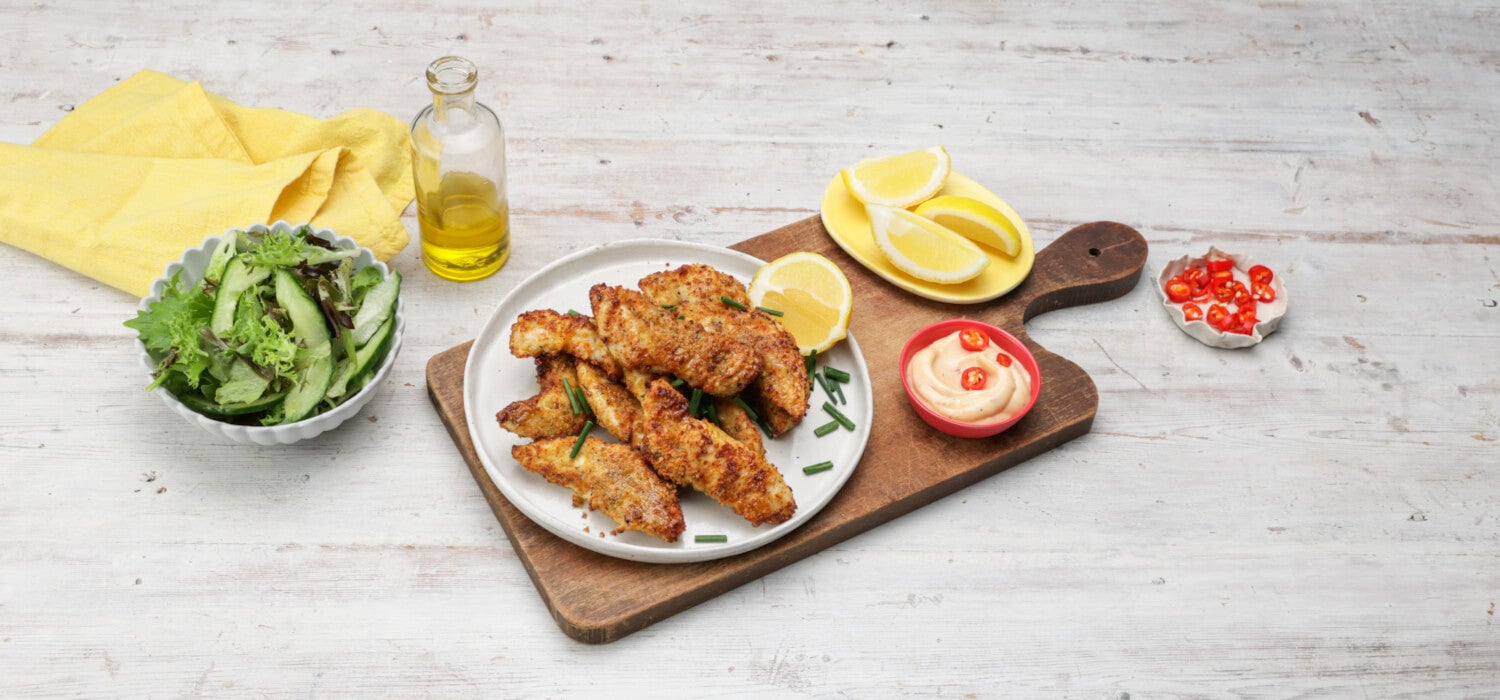 Three Cheese and Garlic Chicken Dippers with Spicy Mayo